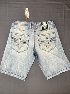 Rock Revival Men's Light Wash Denim Jean Shorts with Blue Embroidery